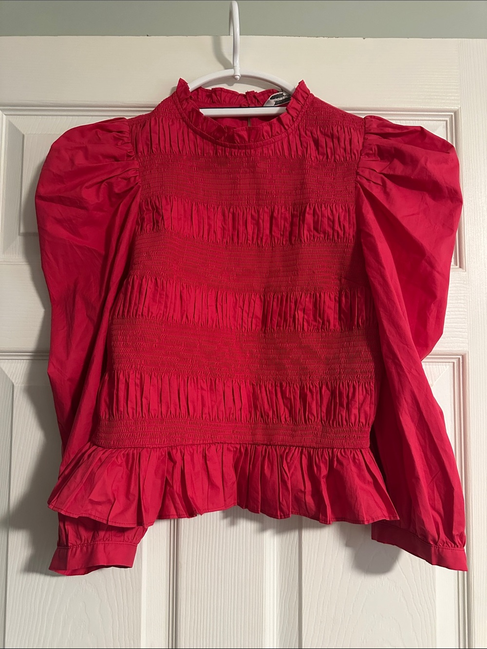 English Factory smocked puff shoulder poplin top